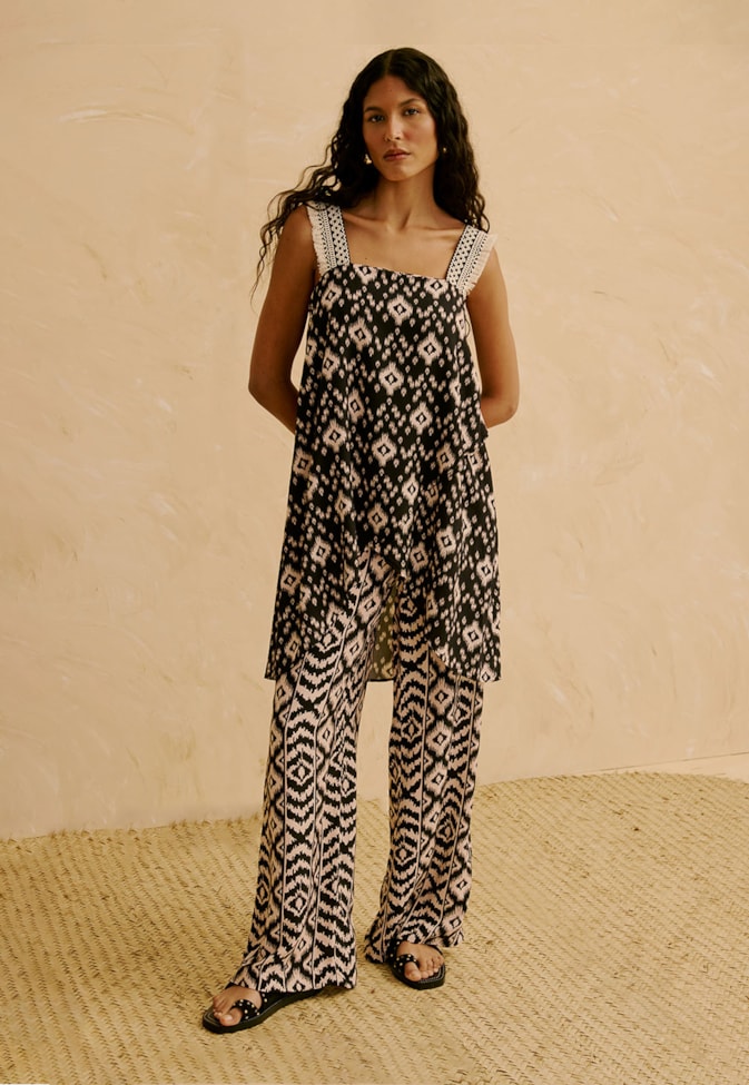 Calça Pantalona Elástico Costas Estampada Puno