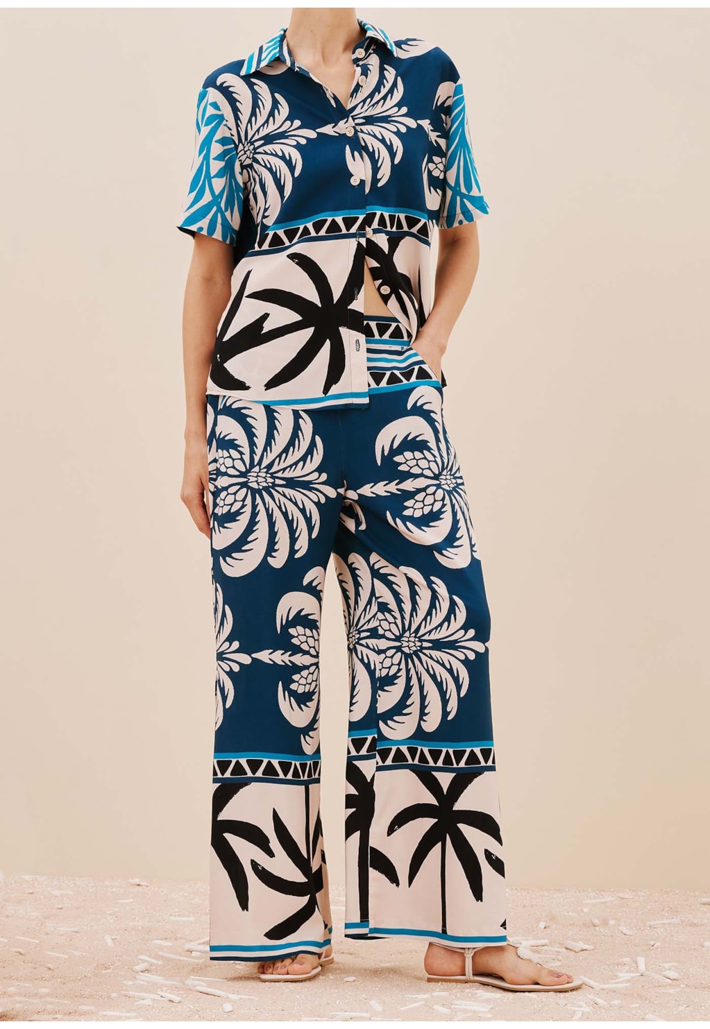 Calça Pantalona Elástico Estampada Blue Bay