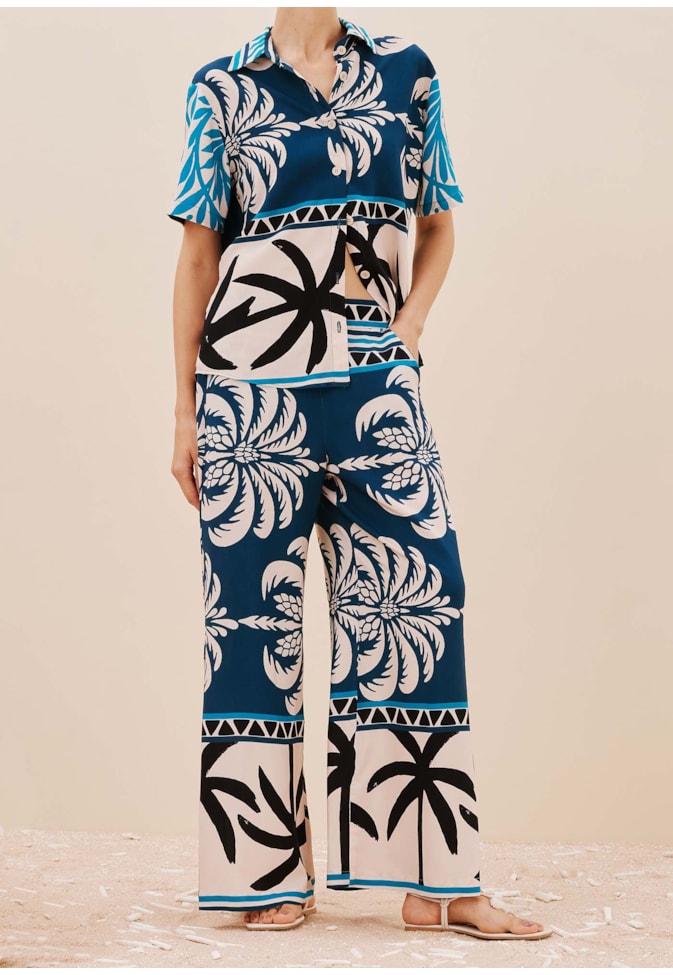 Calça Pantalona Elástico Estampada Blue Bay