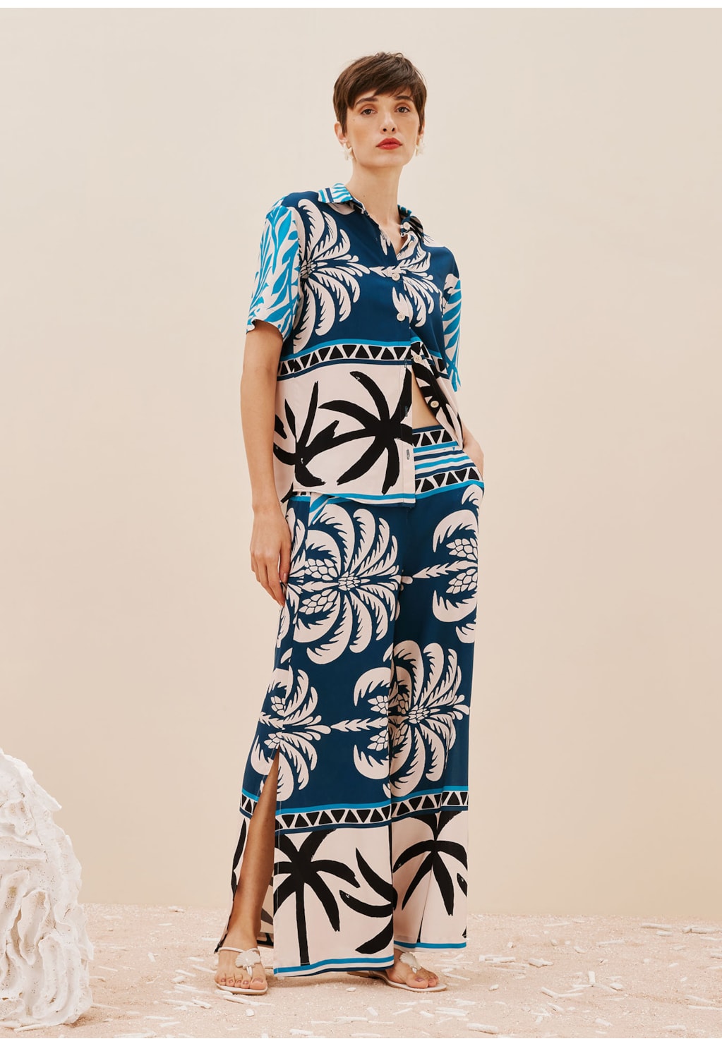 Calça Pantalona Elástico Estampada Blue Bay