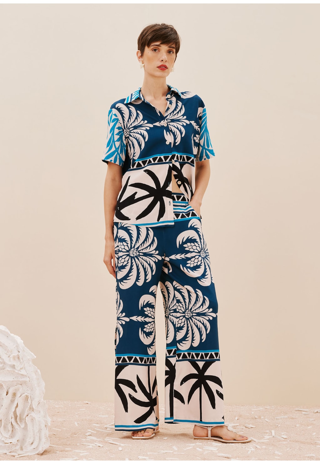 Calça Pantalona Elástico Estampada Blue Bay