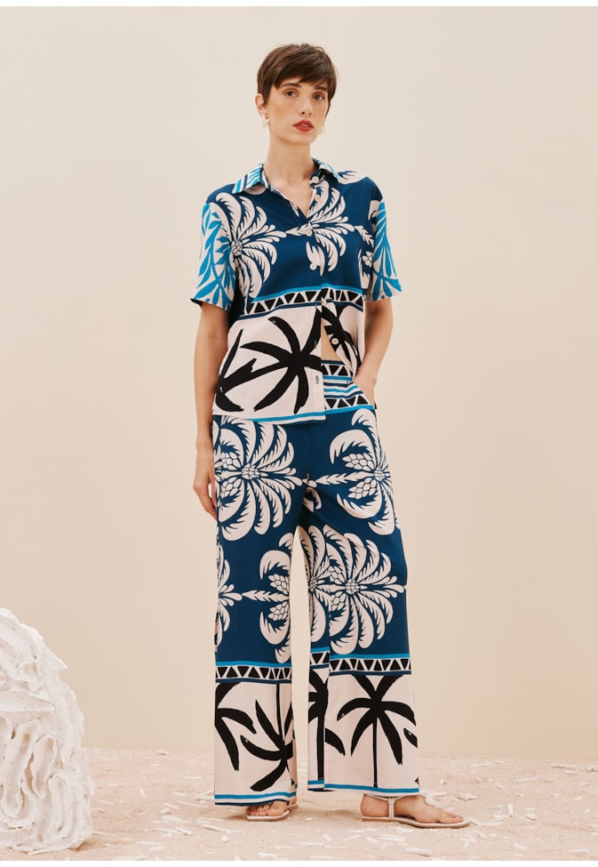 Calça Pantalona Elástico Estampada Blue Bay