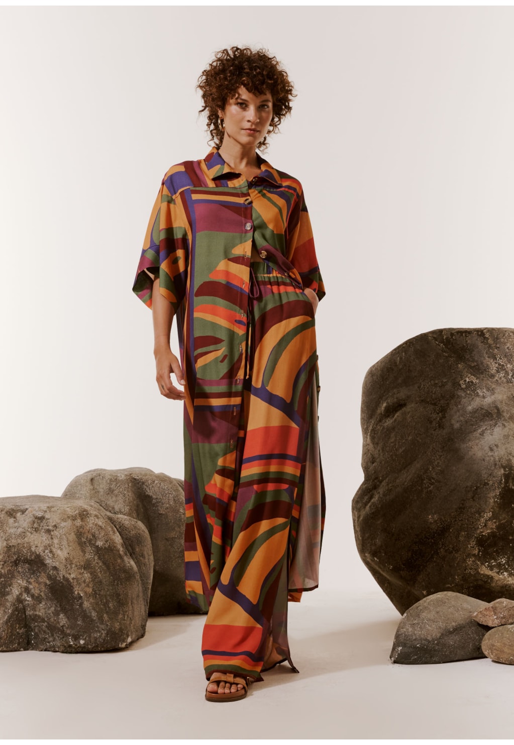 Calça Pantalona Elástico Estampada Monstera