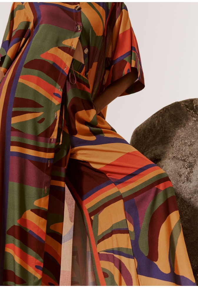 Calça Pantalona Elástico Estampada Monstera