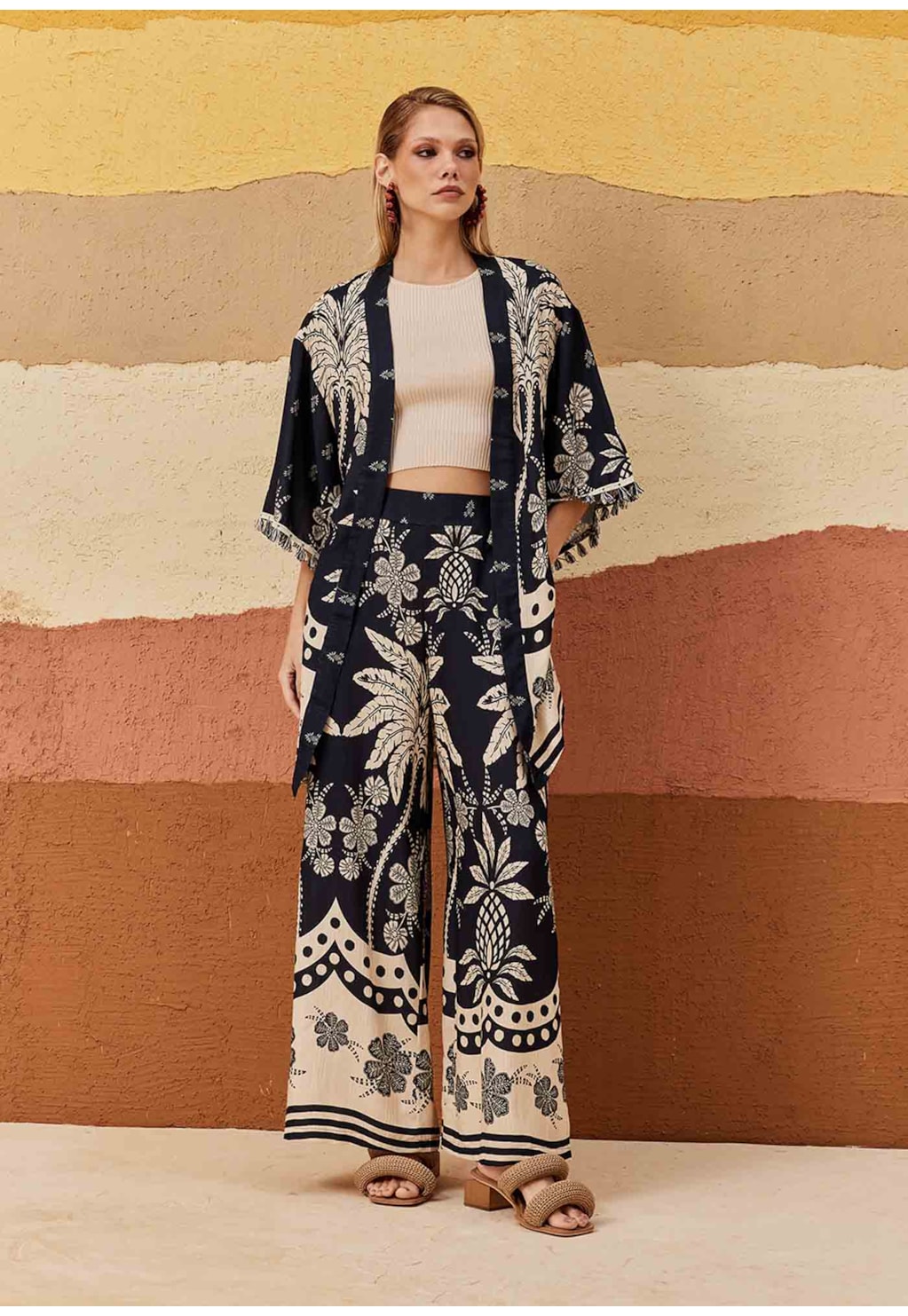Calça Pantalona Estampada Arbol de Coco