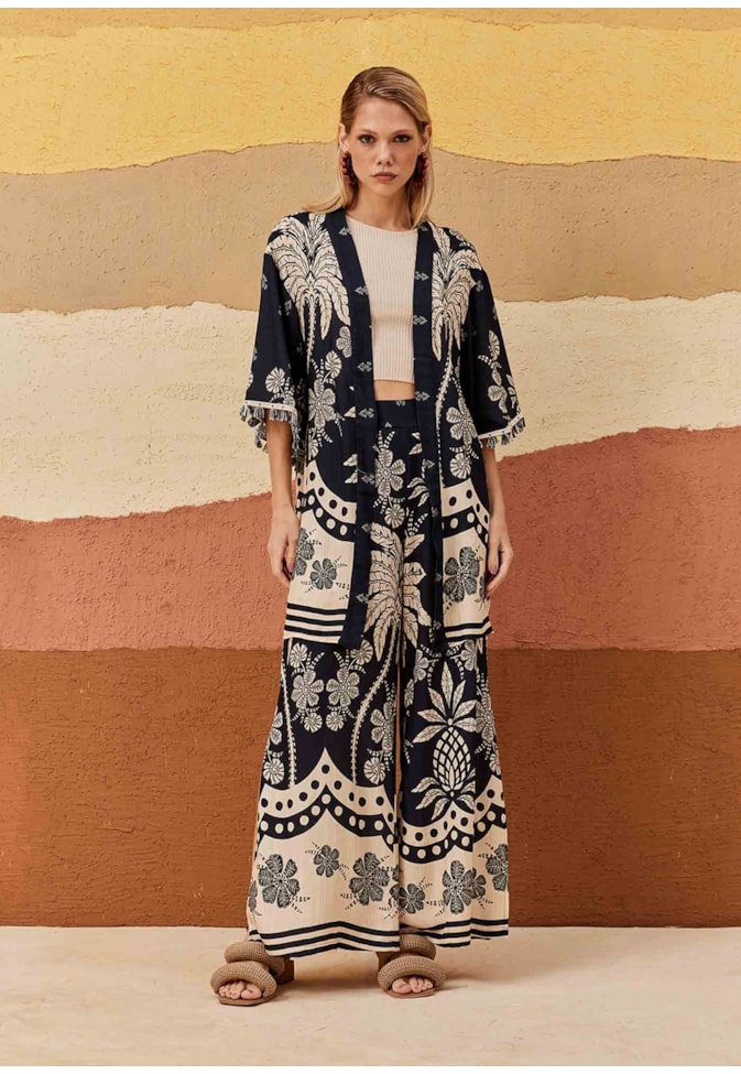 Calça Pantalona Estampada Arbol de Coco