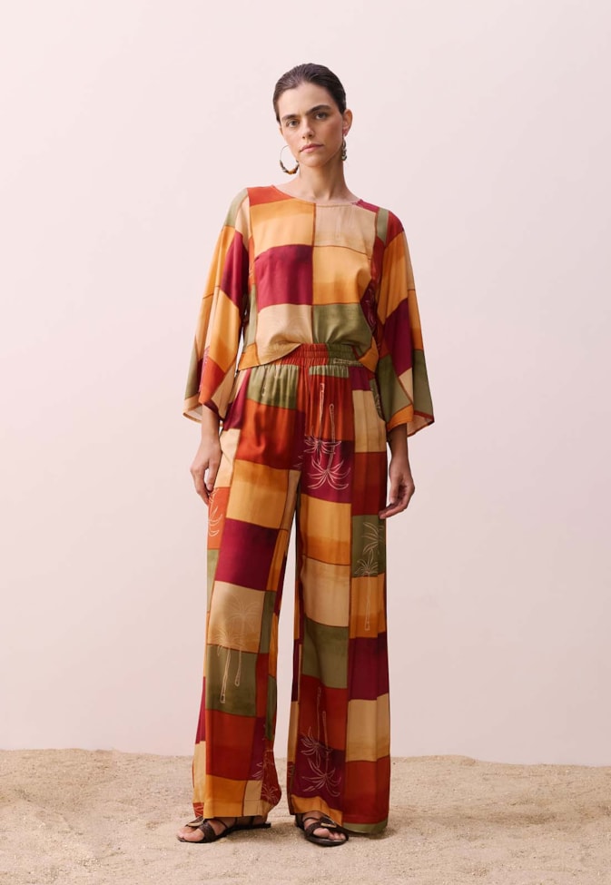 Calça Pantalona Estampada Encontro das Aguas