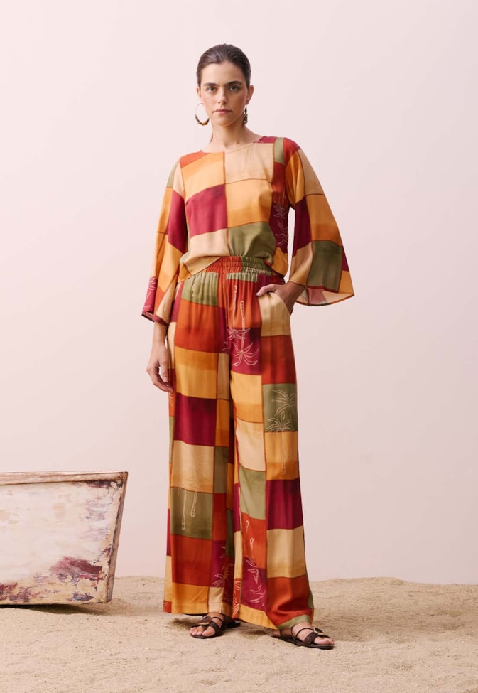 Calça Pantalona Estampada Encontro das Aguas