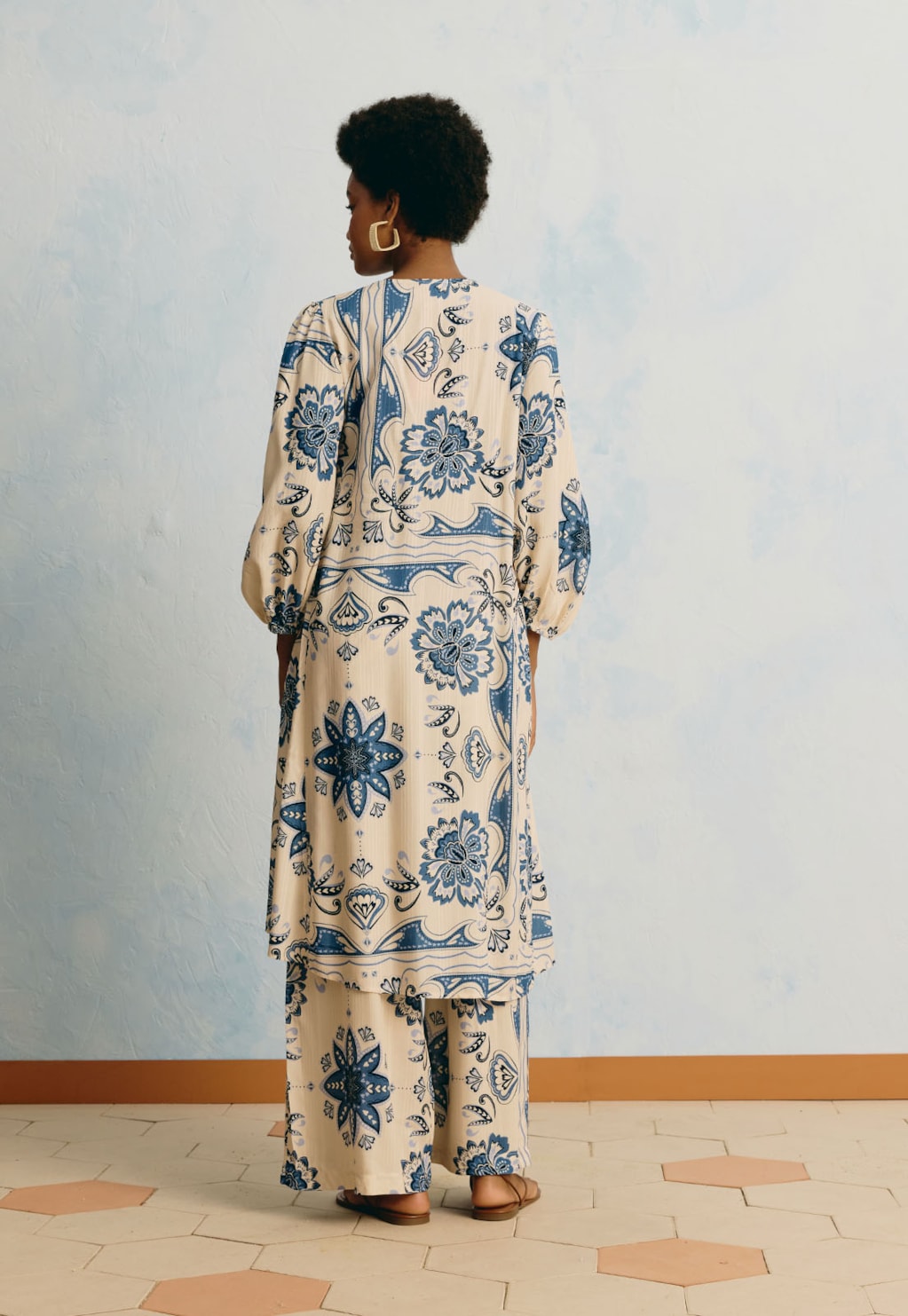 Calça Pantalona Estampada Jasmin Azul