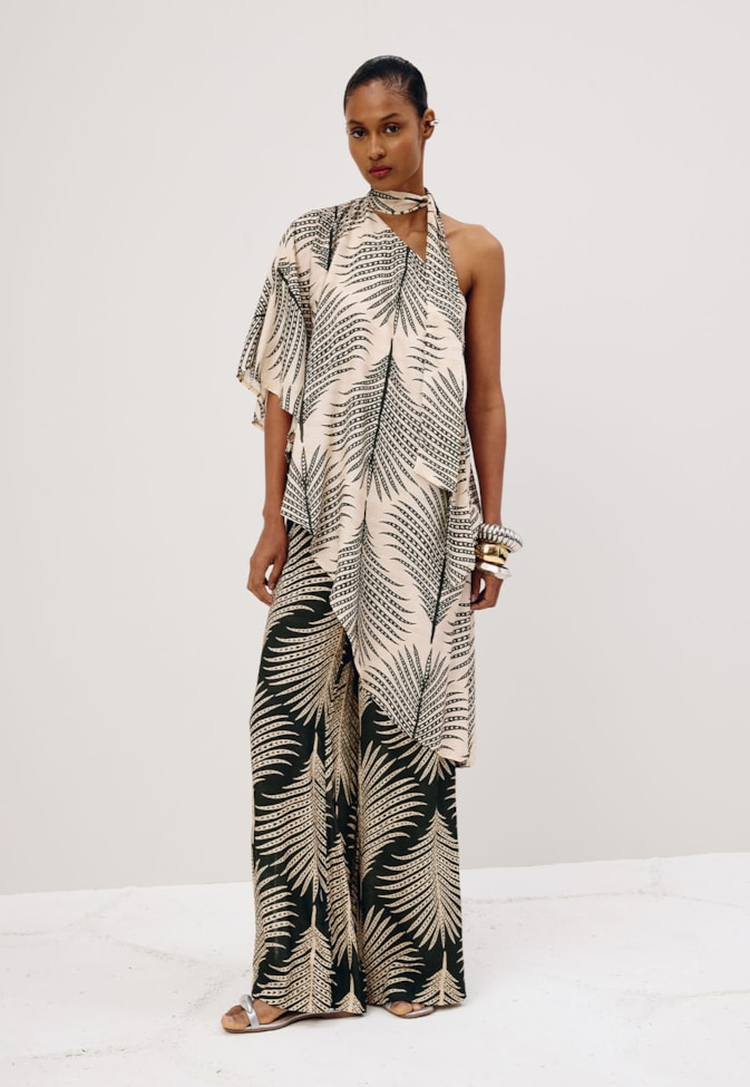 Calça Pantalona Estampada Palmas