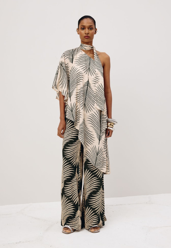 Calça Pantalona Estampada Palmas