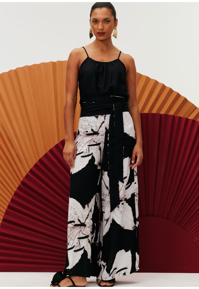 Calça Pantalona Fenda Estampada Tango