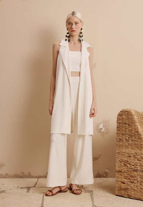 Calça Pantalona Fendas Costa Elástico Vista Frontal