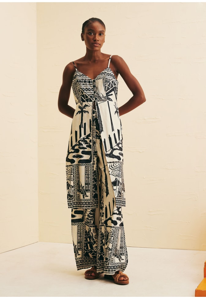 Calça Pantalona Fendas Estampada Rio