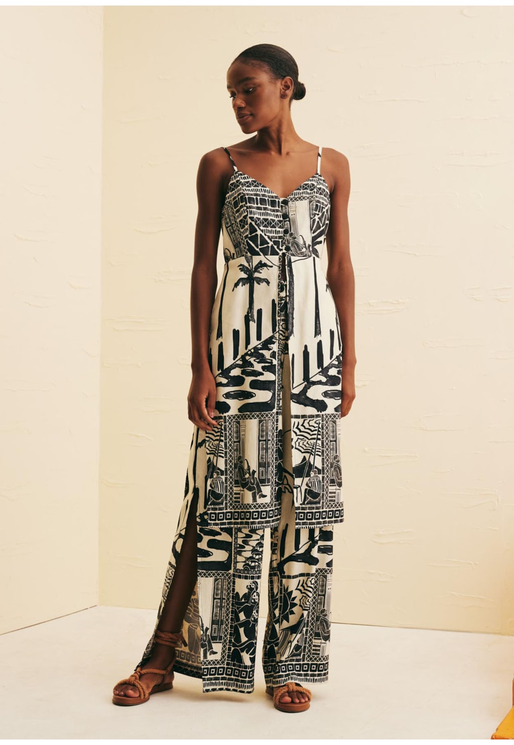 Calça Pantalona Fendas Estampada Rio