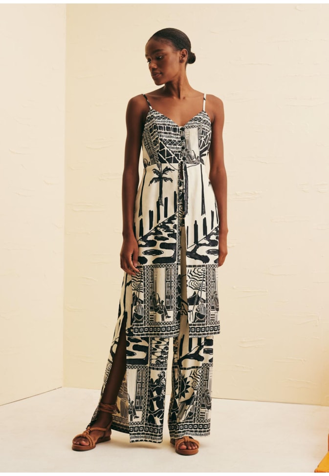 Calça Pantalona Fendas Estampada Rio