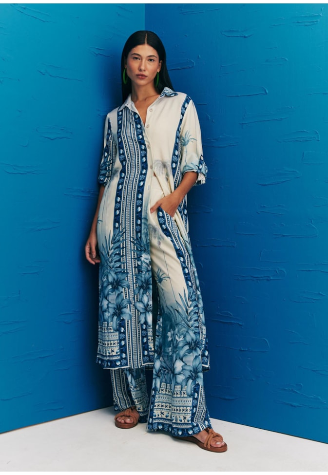 Calça Pantalona Fendas Estampada San Andres