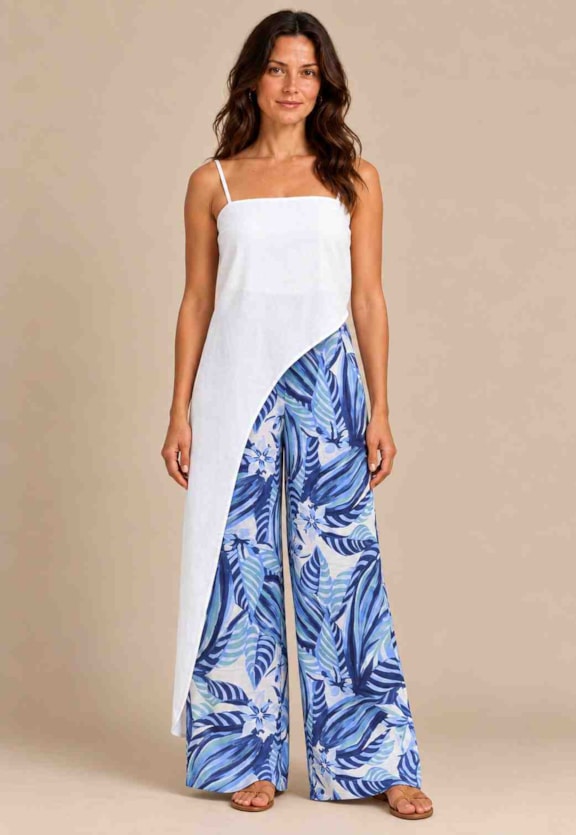 Calça Pantalona Fendas Laterais Estampada Vista Frontal