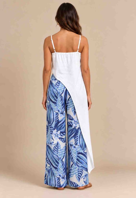 Calça Pantalona Fendas Laterais Estampada Vista Traseira