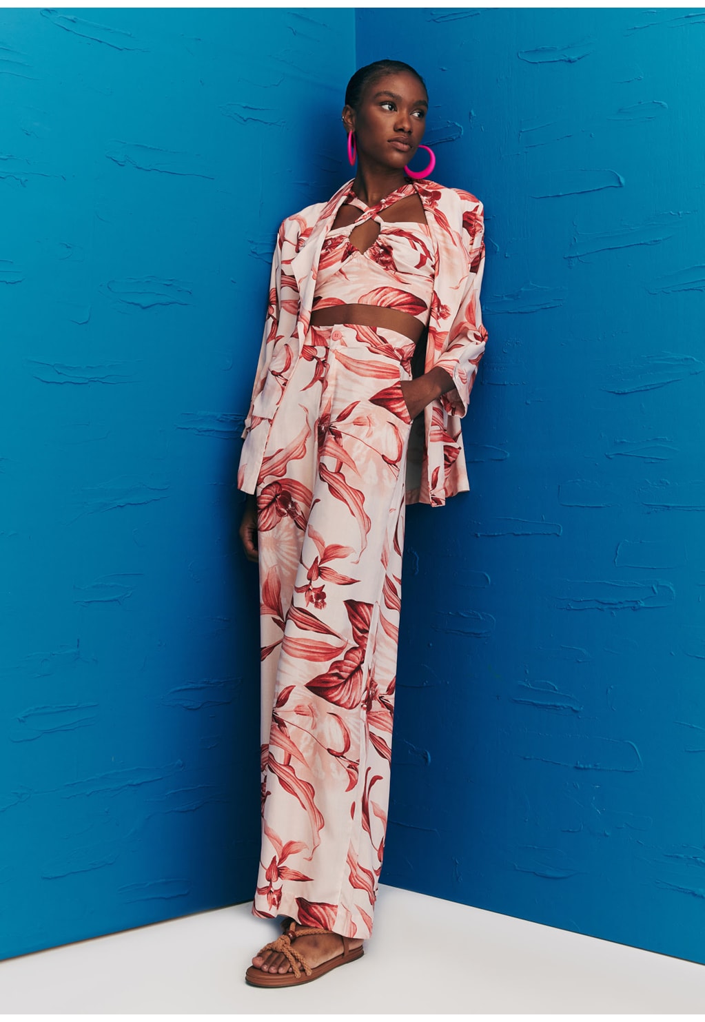 Calça Pantalona Pala Lastéx Estampa Las Orquídeas