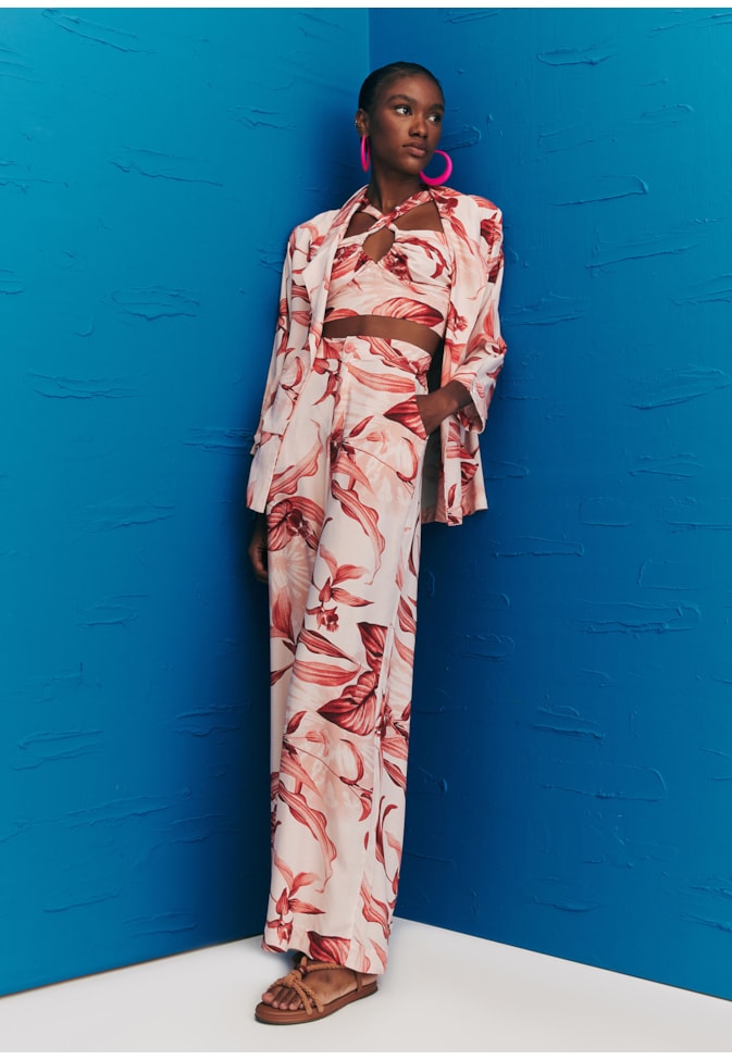 Calça Pantalona Pala Lastéx Estampa Las Orquídeas