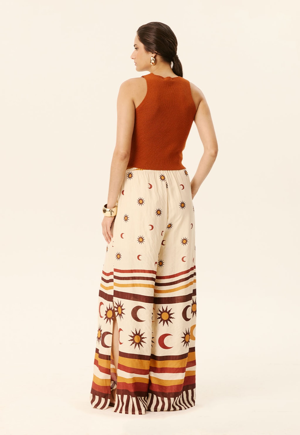 Calça Pantalona Pala Lastex Estampada Dunas Douradas