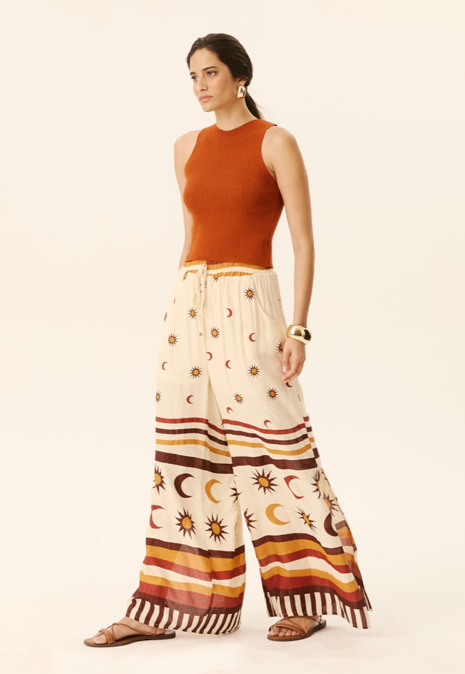 Calça Pantalona Pala Lastex Estampada Dunas Douradas