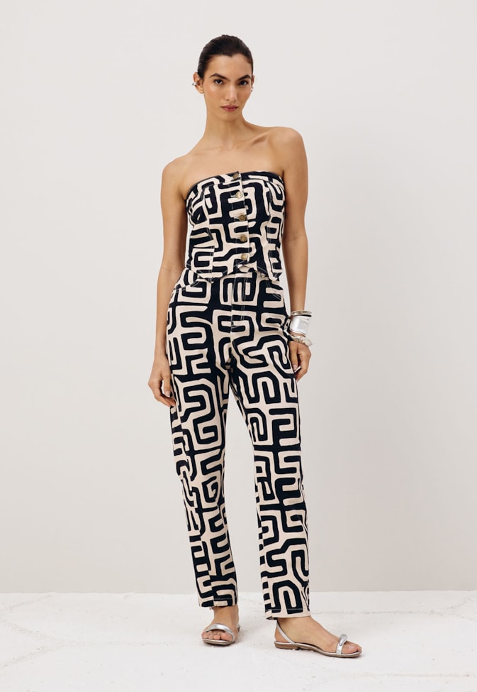 Calça Sarja Cós Transpassado Estampada Yala Preto