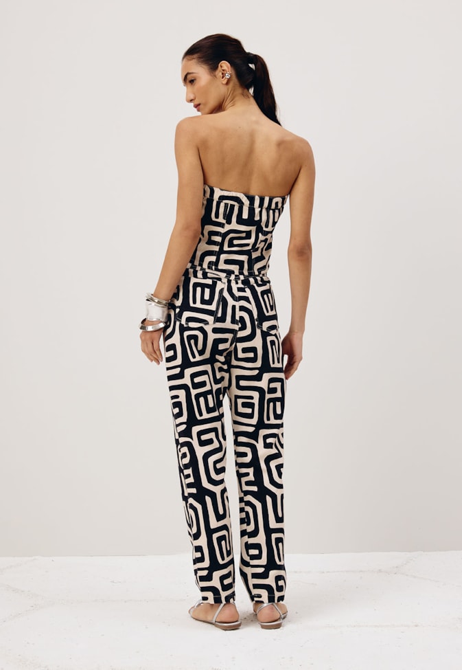 Calça Sarja Cós Transpassado Estampada Yala Preto