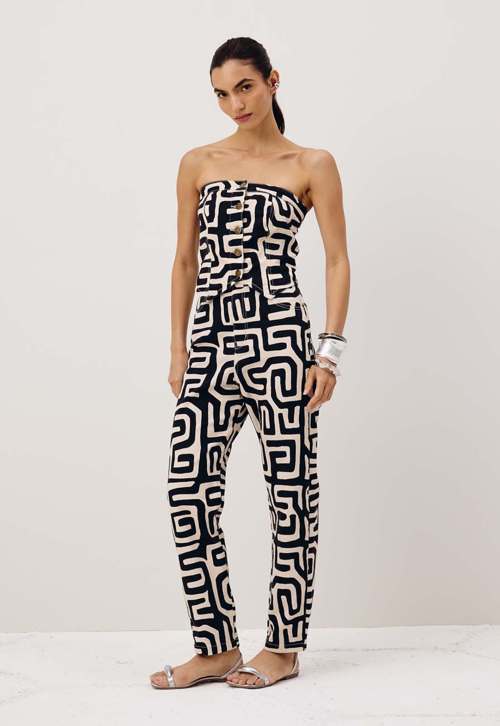 Calça Sarja Cós Transpassado Estampada Yala Preto