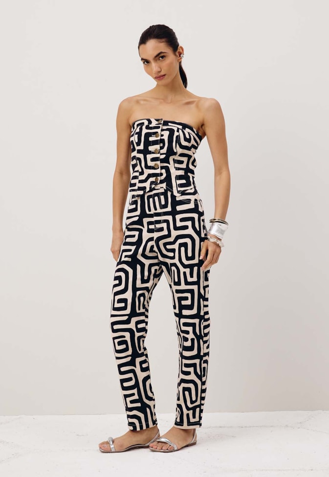 Calça Sarja Cós Transpassado Estampada Yala Preto