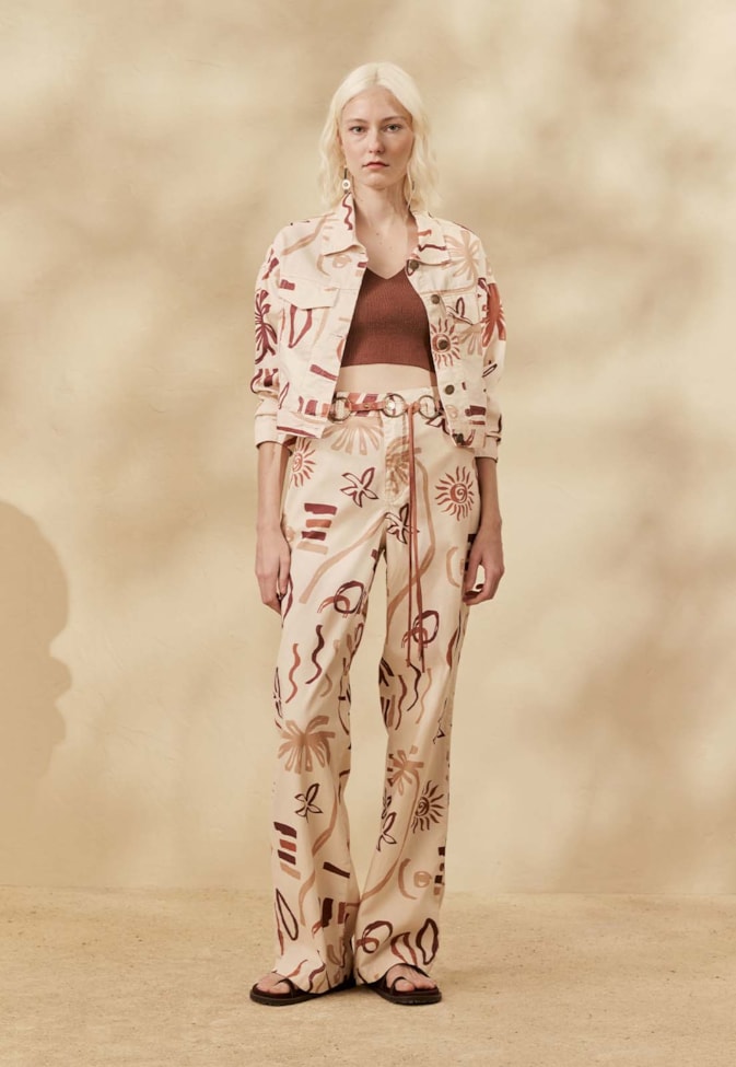 Calça Sarja Flare Estampada Rocca