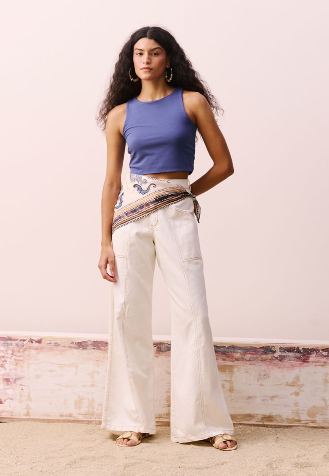 Calça Sarja Wide Leg Recorte