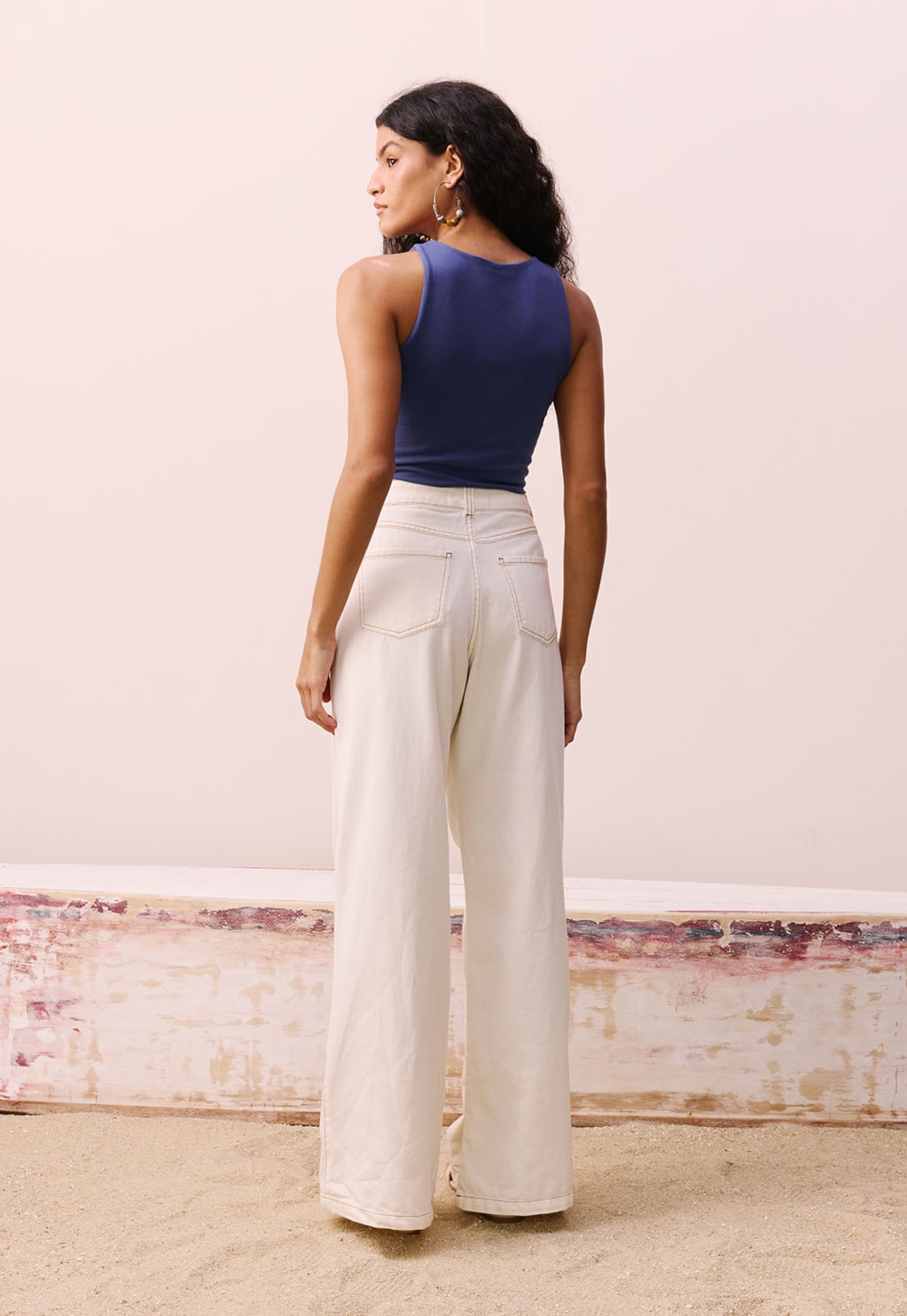 Calça Sarja Wide Leg Recorte