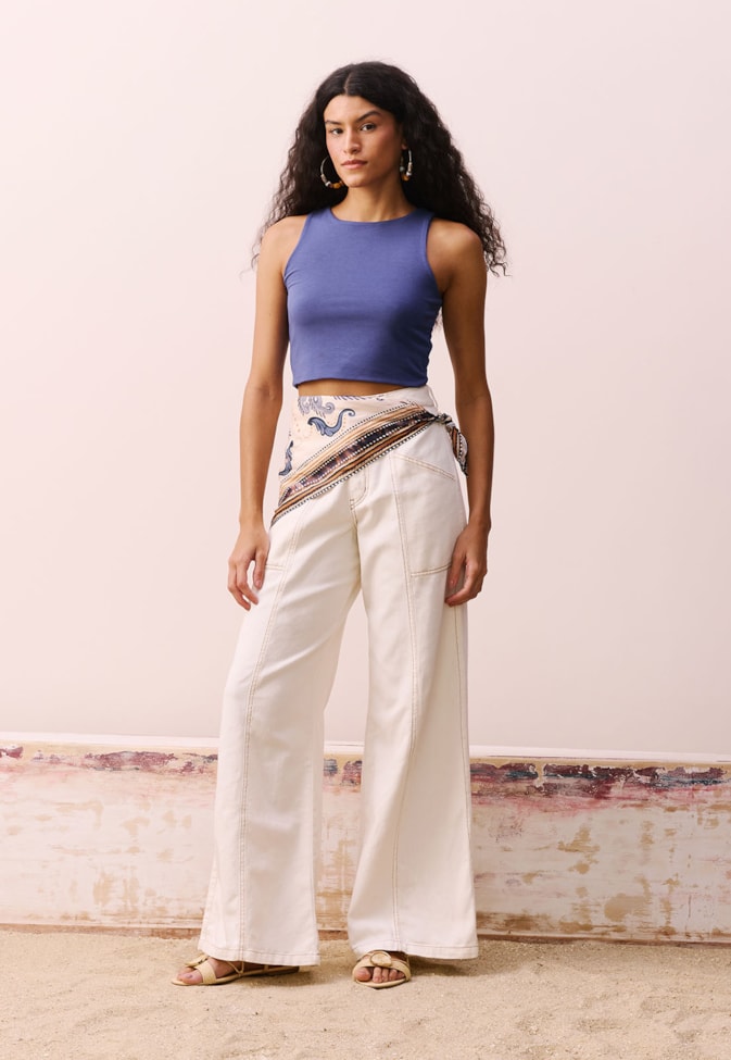 Calça Sarja Wide Leg Recorte