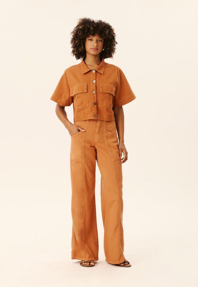 Calça Sarja Wide Leg Recorte