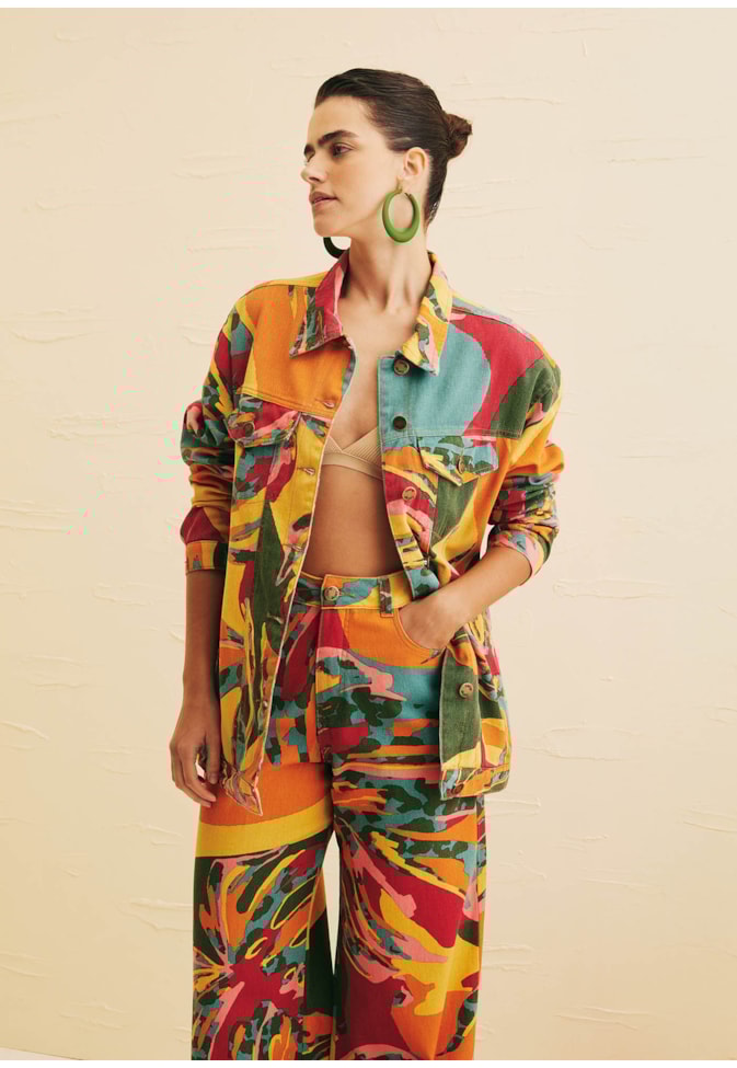 Calça Wide Leg Sarja Estampada Costela Mexicana