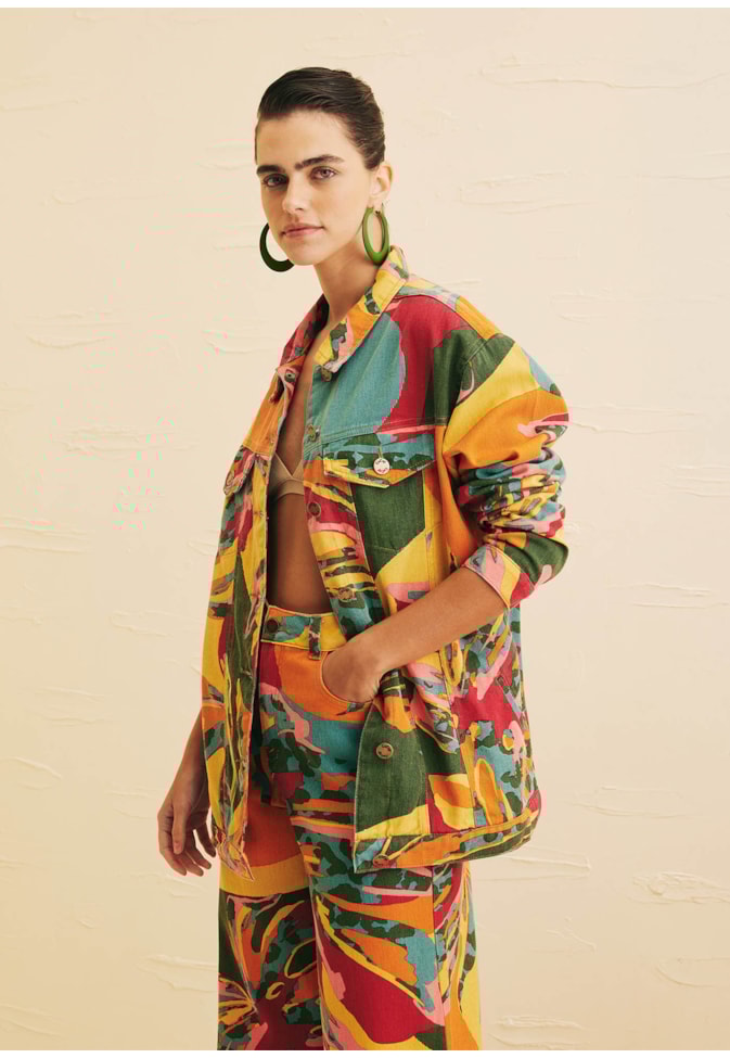 Calça Wide Leg Sarja Estampada Costela Mexicana