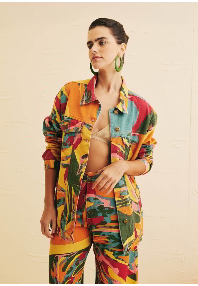 Calça Wide Leg Sarja Estampada Costela Mexicana