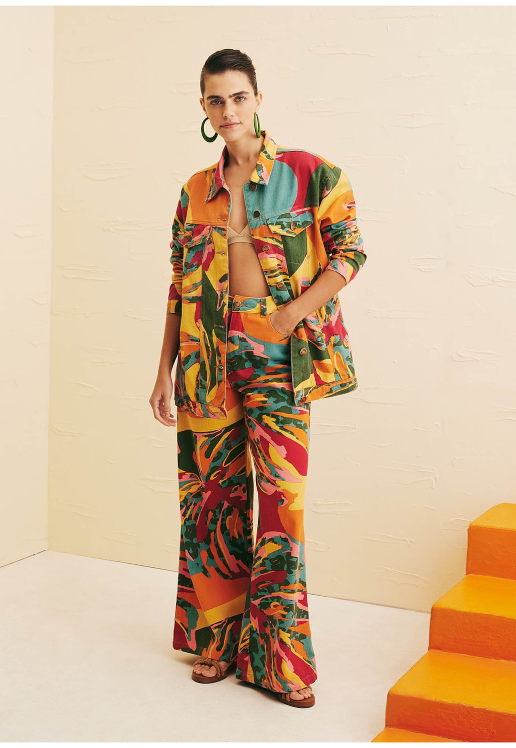 Calça Wide Leg Sarja Estampada Costela Mexicana