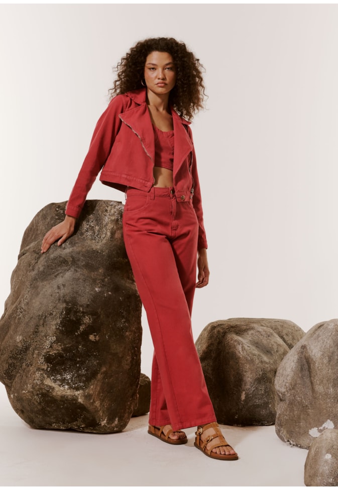 Calça Wide Leg Sarja Lisa