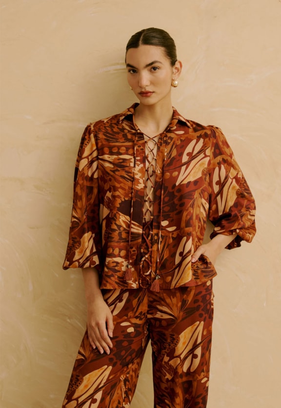 Camisa Amarração Estampada Borbo Boho Vista Frontal