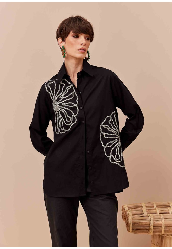 Camisa Bordado Flor Corda