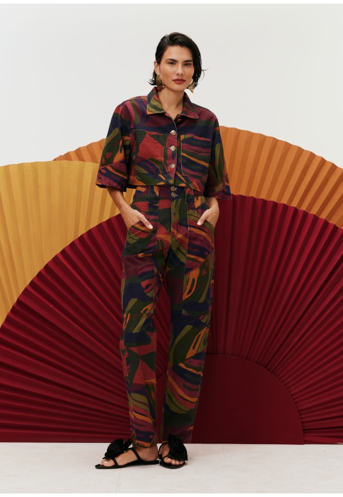 Camisa Cropped Sarja Estampada Merengue