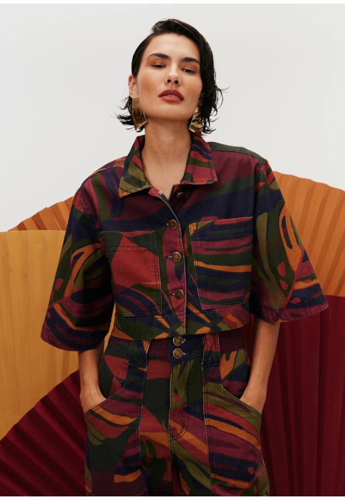 Camisa Cropped Sarja Estampada Merengue