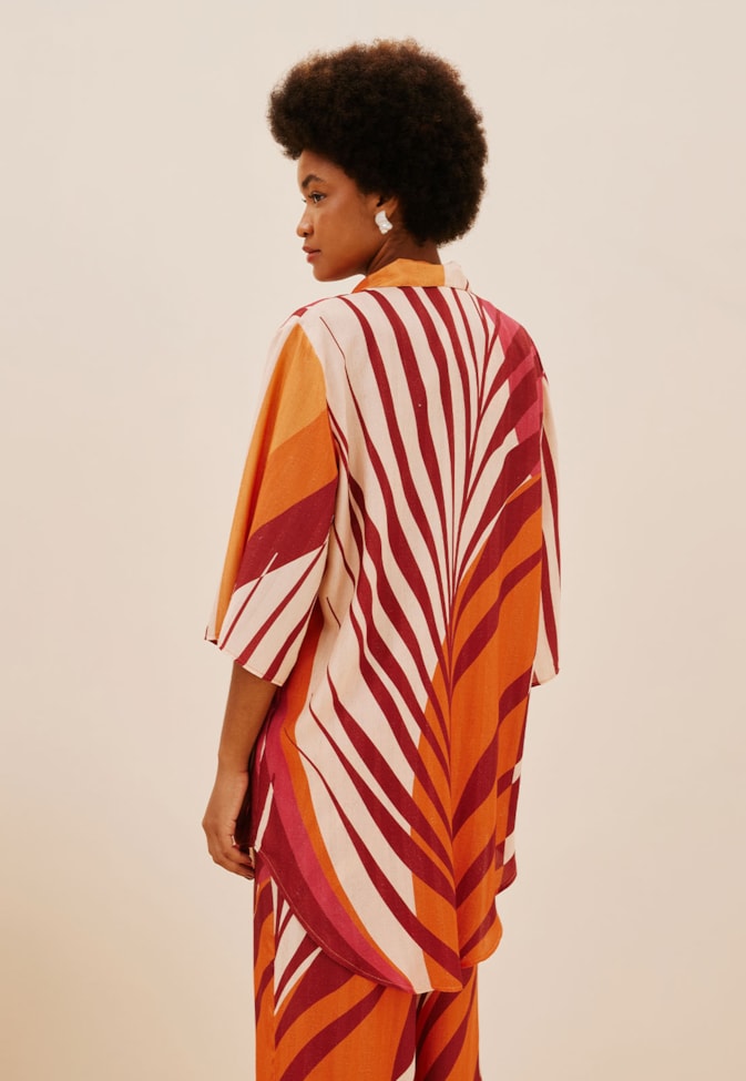 Camisa Kimono Mullet Alongada Estampada Palm