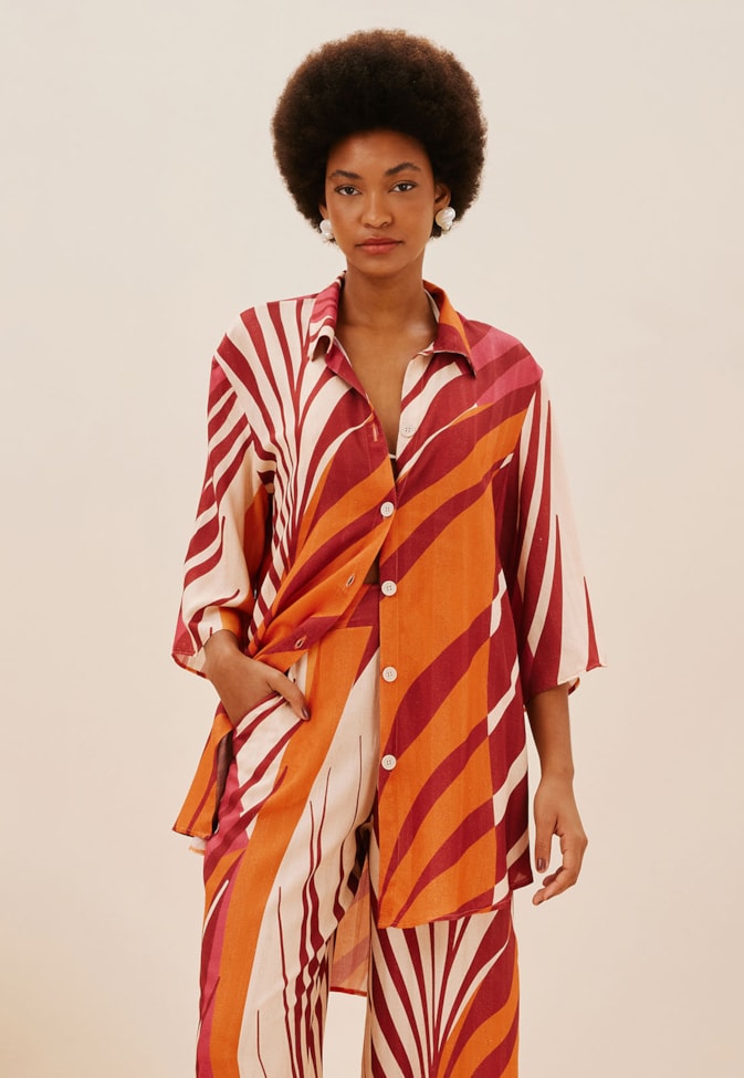 Camisa Kimono Mullet Alongada Estampada Palm