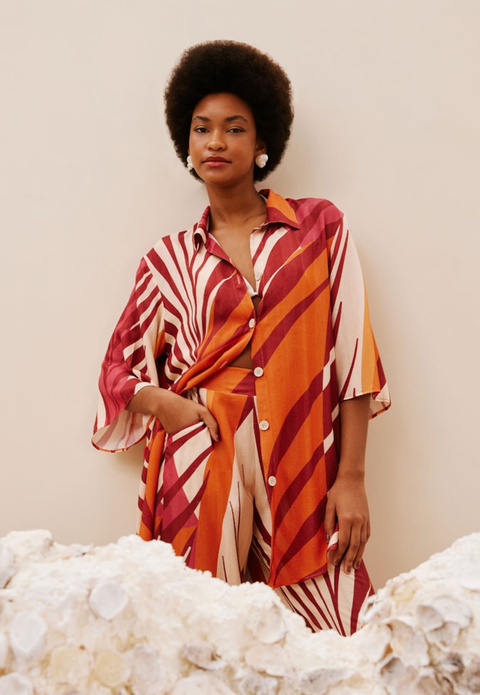 Camisa Kimono Mullet Alongada Estampada Palm