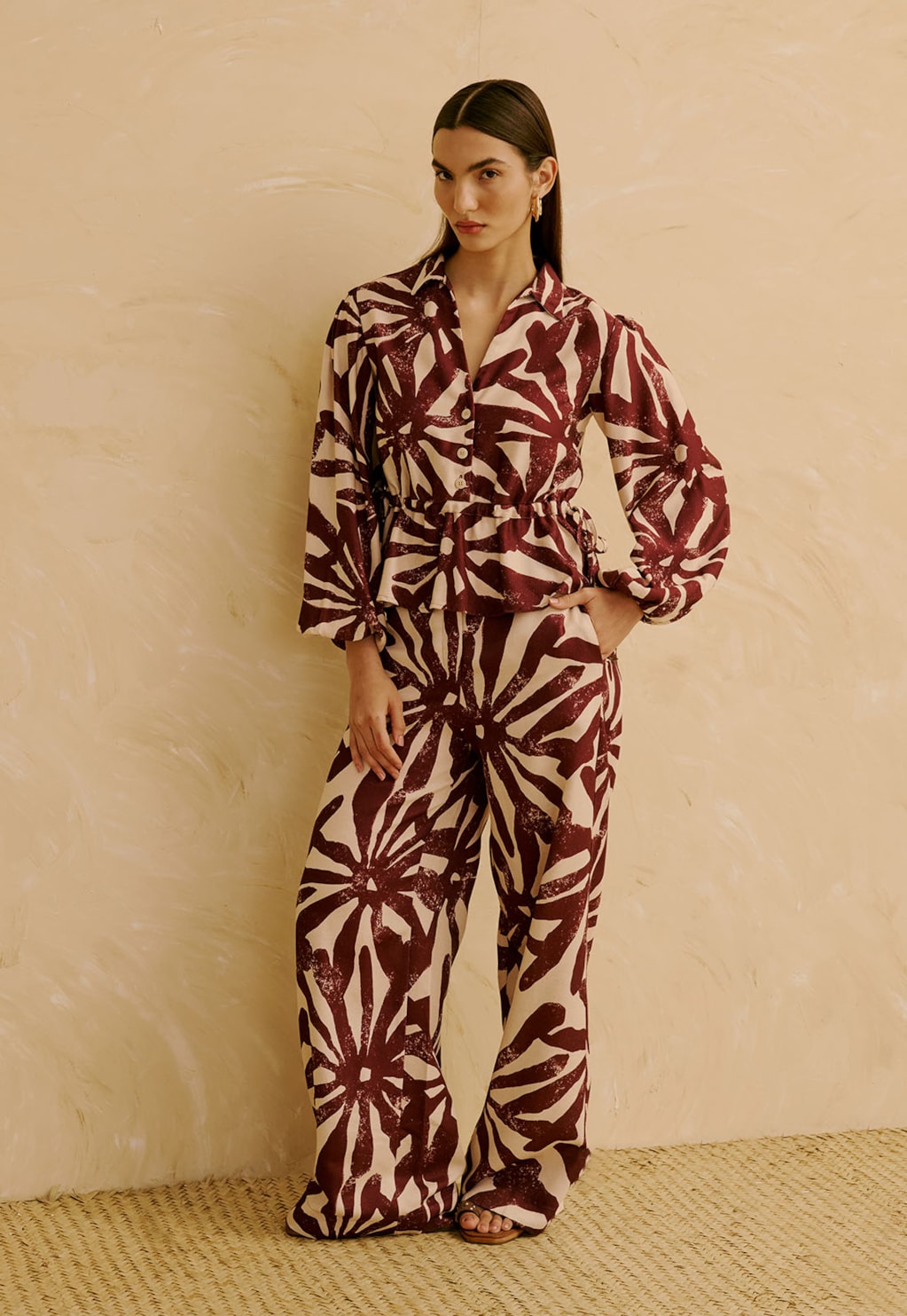 Camisa Peplum com Manga Bufante Estampada Perka