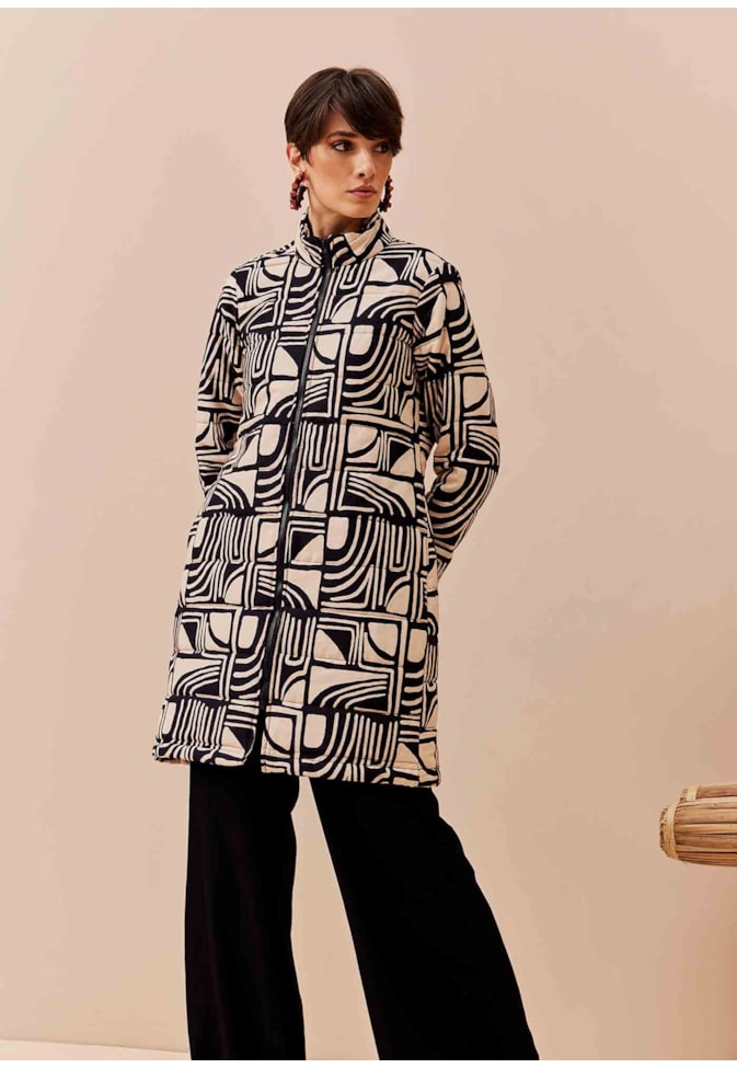 Casaco Comprido Puffer Matelasse Estampado Tierras Altas